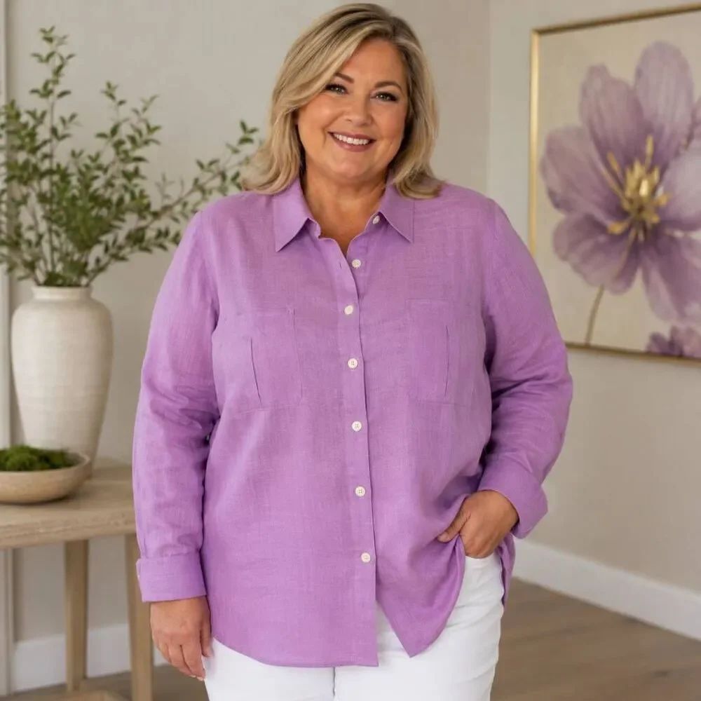 Investments Gold Label Womens Linen Long Sleeve Button-up Shirt Lavender Sz 18W